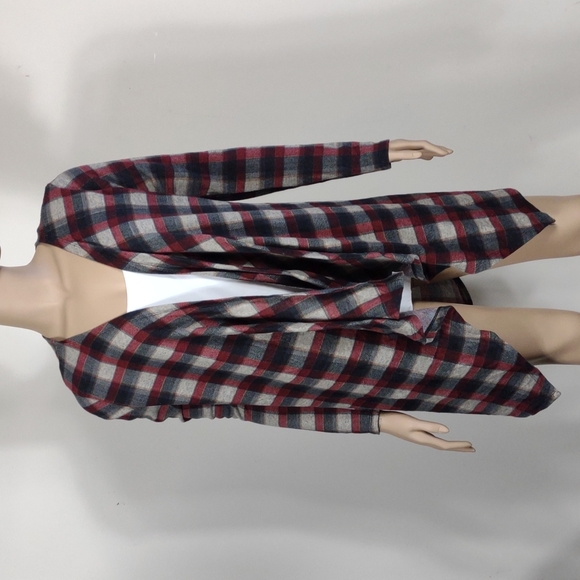 Women's Grace & Emma Medium tan & burgundy plaid waterfall open front ca… - Picture 9 of 9